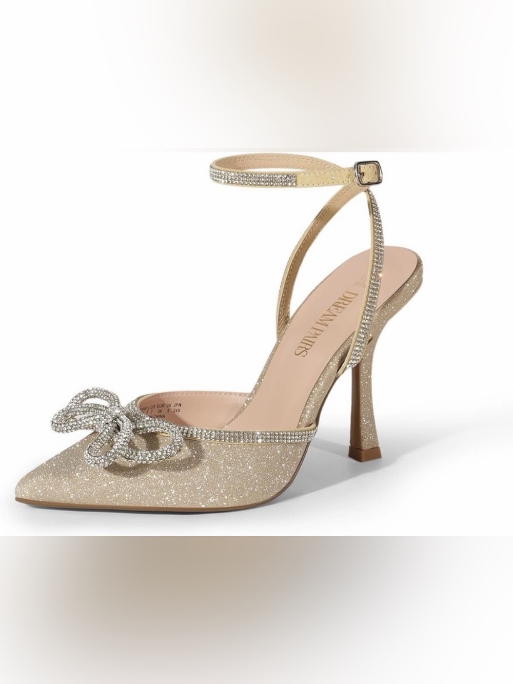 DREAM PAIRS GOLD GLITTER HEELS WITH CRYSTAL BOW SIZE 8.5